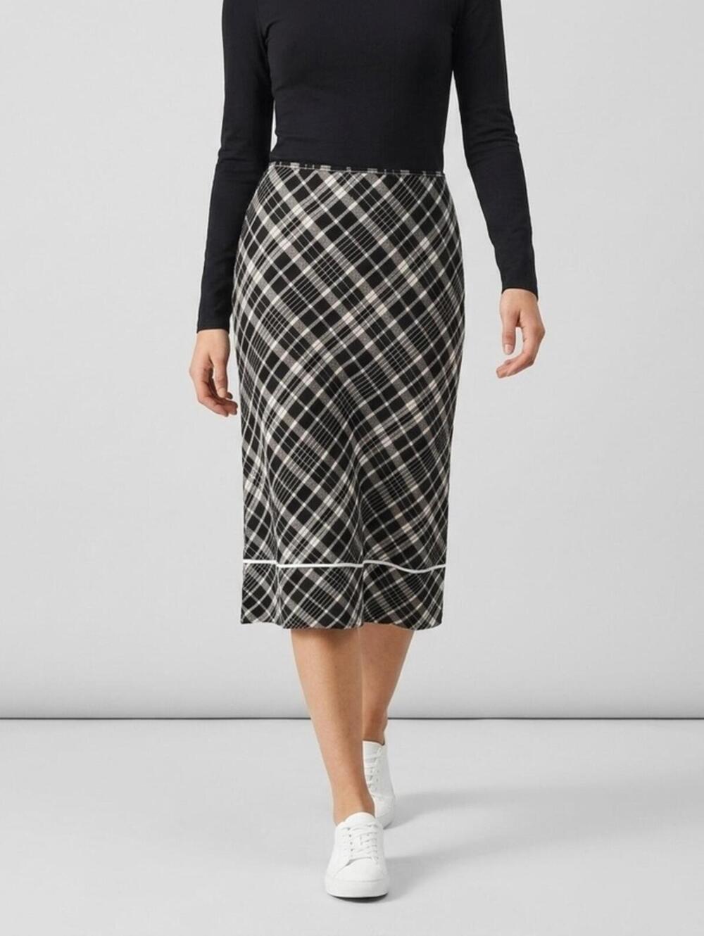 Ann Taylor LOFT Y2K Linen Plaid Midi Skirt Black White Bias Cut Womens 8